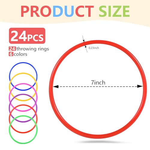 OBTANIM 24Pcs Ring Toss Game 7 Inch Toss Rings, 6 Colors, Outdoor/Indoor Classic Toy for Kids