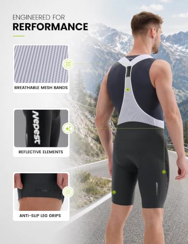 Nepest Men's Cycling Bib Shorts with Padding UPF 50+ 4-Way Stretch Large Dark Grey/White