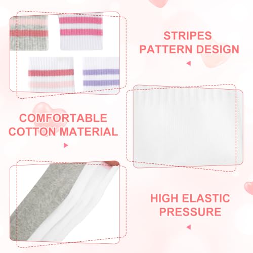 Girls' Hearts Striped Cotton Socks - 4 Pairs, Pink/Red/Purple, 6-9 Years