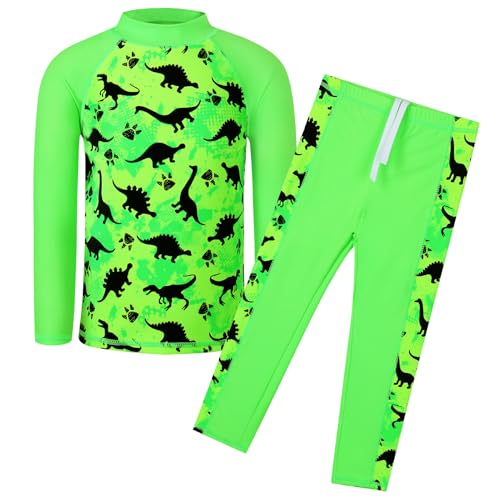 TFJH E Boys Long Sleeve Rash Guard 2-Piece Swim Set UPF 50+ 5-6 Years Green Dino