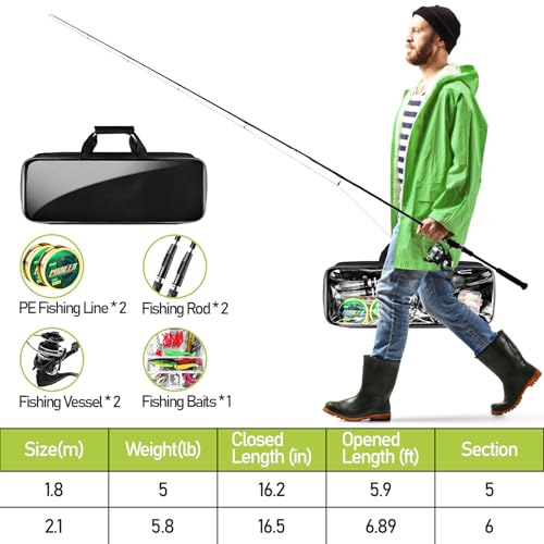 Luyianxi 5.9 ft Telescopic Fishing Pole & Reel Combo, 2 Rods 2 Reels kit with Lures, Line, Bag