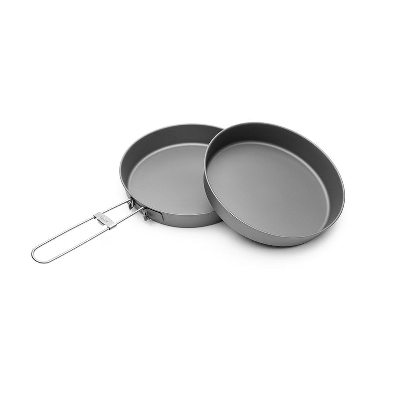 TOAKS Titanium Nesting Pan 2PC Set – 6.5 inch Deep Frying Pan with Foldable Handle and Matching Nesting Plate for Open Fire Cooking and Group Meals