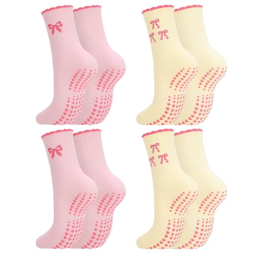 Cute Pilates Socks with Grips for Women - 4 Pairs Pink Yellow Bow