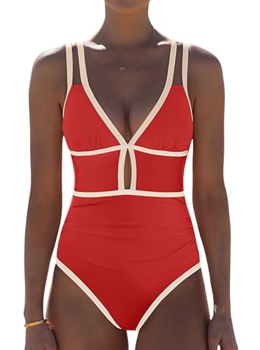 POPVIL Neon Tummy Control One-Piece Swimsuit for Women - Medium, Brick Red
