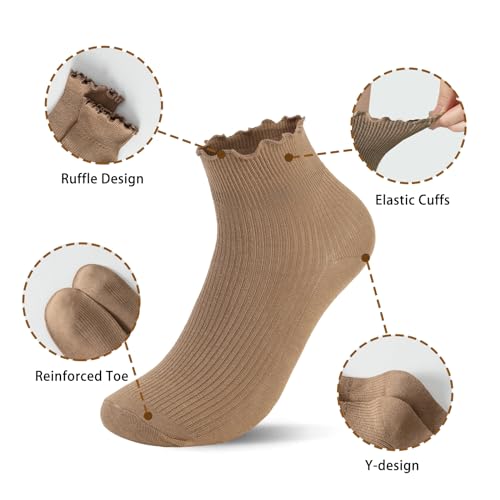 Women's Vintage Ruffle Ankle Socks - 8 Pairs Black, White & Grey