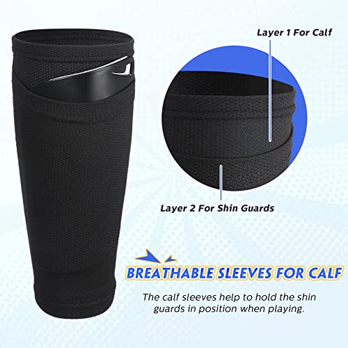 Soccer Shin Guard Sleeves with Pocket - 4 Pairs, Elastic & Ventilated, Black