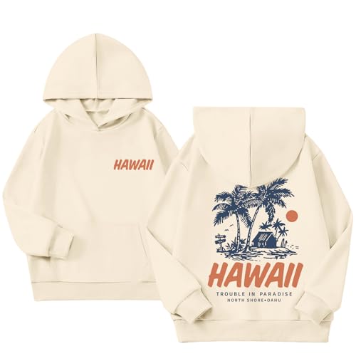 Hawaii Hoodie for Girls - Apricot, 5-6 Years, Aesthetic Pullover
