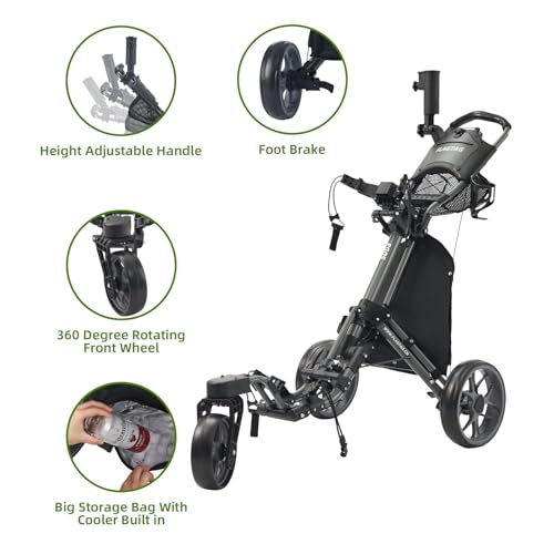 Golf Push Cart 3 Wheel with 360 Swivel Front Wheel - Grey