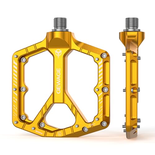 GEWAGE Gold Mountain Bike Pedals 9/16" Flat Aluminum Wide Platform Sealed Bearings