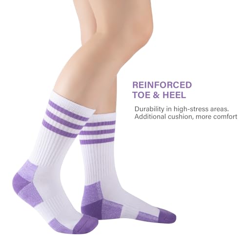 COOPLUS Women's Athletic Crew Socks 5 Pairs Cushioned Cotton Wicking, One Size - White