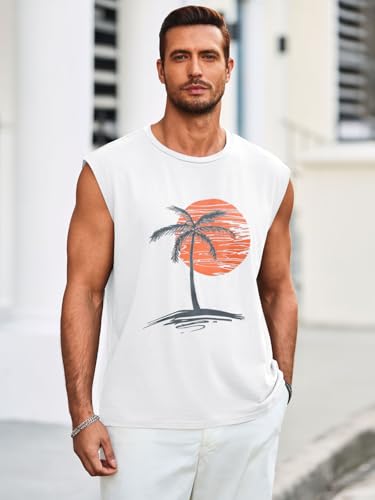 Runcati Men's White XL Hawaiian Beach Tank Top - Summer Graphic Sleeveless Shirt