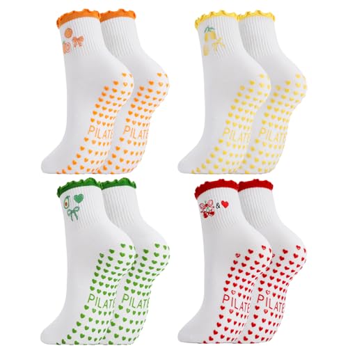Ruffle Pilates Grip Socks for Women - Cotton Embroidery - 5 Pairs, Medium