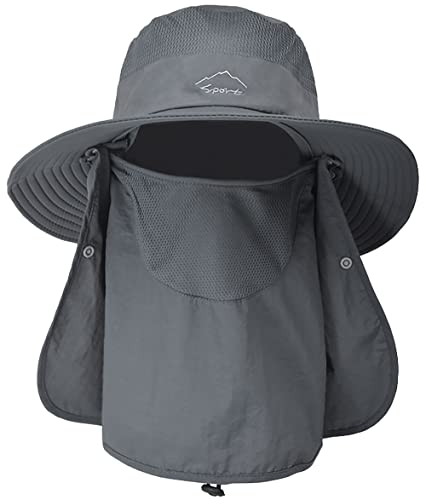 Wide Brim Sun Hat for Men Women - UV Protection with Face Cover & Neck Flap - One Size Dark Grey