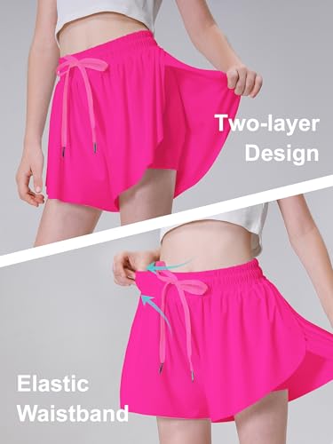 DIPUG Girls Butterfly Shorts with Pockets - 2-in-1 Flowy Athletic Cheer Skorts, Hot Pink, 10-11 Years