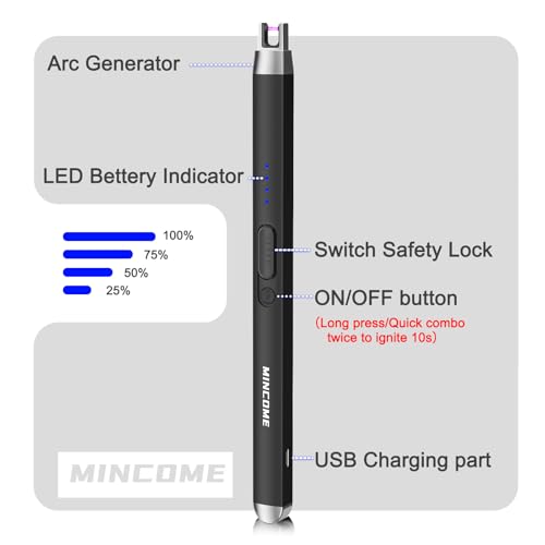 MINCOME Black Rechargeable USB Plasma Arc Candle Lighter Windproof Flameless Safety Lock