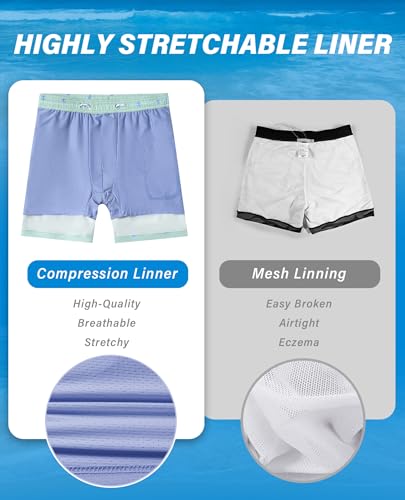 Gleeease Men's 5 Inch Quick Dry Swim Trunks with Compression Liner - Large Blue Frog