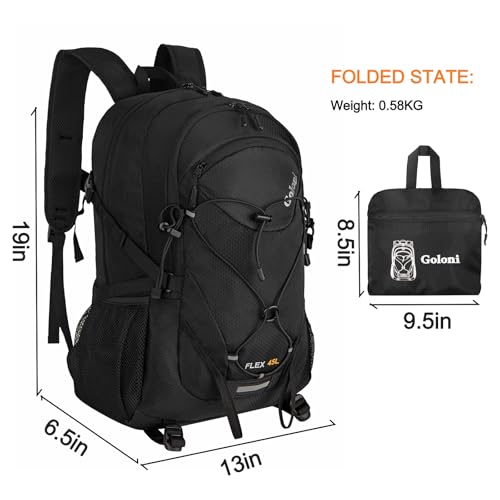 Goloni 45L Black Foldable Hiking Daypack Lightweight Water-Resistant Backpack
