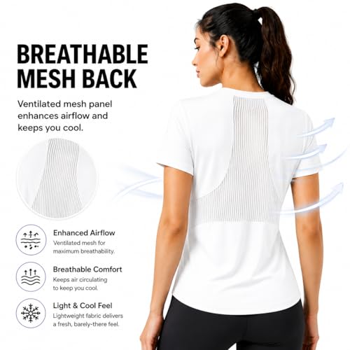 Breathable Seamless Workout Tops - Short Sleeve Athletic Shirt - Medium/White