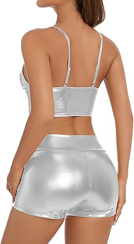High Waisted Metallic Rave Booty Shorts - Silver, Medium