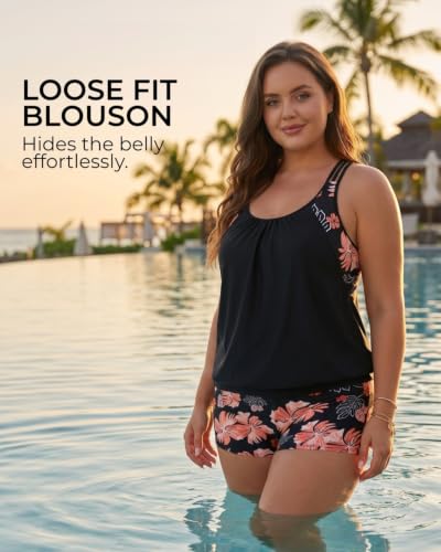 Holipick Women’s Plus Size Tankini Swimsuit Set with Floral Print, Tummy Control 18 Plus