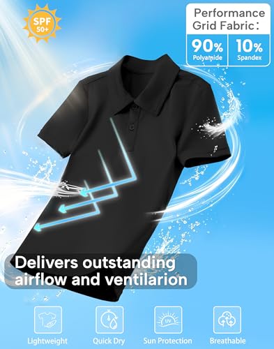 MIVEI Kids' Breathable UPF50+ School Uniform Polo Shirt, Large, Black