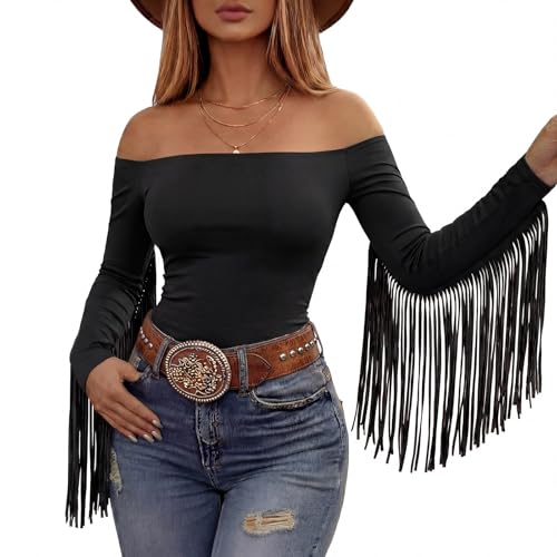 Women Large Black Fringe Western Cowgirl Shirt Off Shoulder Fitted Top