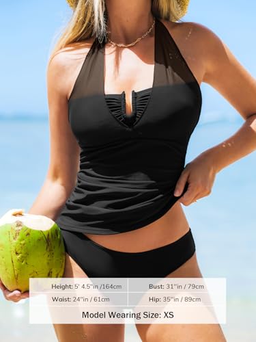 Cupshe Black Halter Mesh Tankini Set for Women - Large