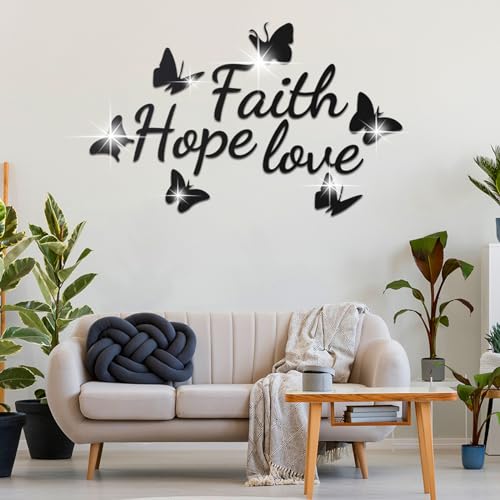 Faith Hope Love 3D Acrylic Mirror Wall Decor Stickers, Butterfly Faith Hope Love Wall Decal, Peel and Stick Motivation Letter Wall Sayings Vinyl Lettering Art Quotes for Home Bedroom, Silver