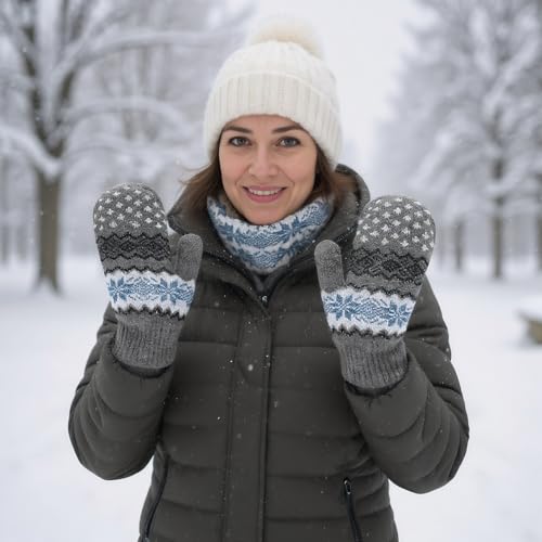 Double Layer Winter Mittens - Warm Soft Snow Gloves - Medium Grey