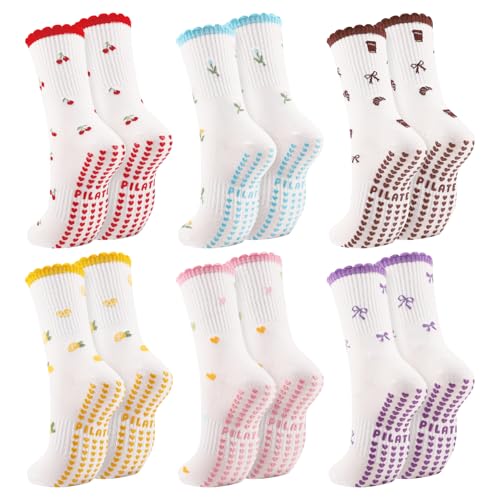 6 Pairs Cute Non-Slip Pilates Socks for Women - Red, Brown, Yellow, Pink, Blue, Purple