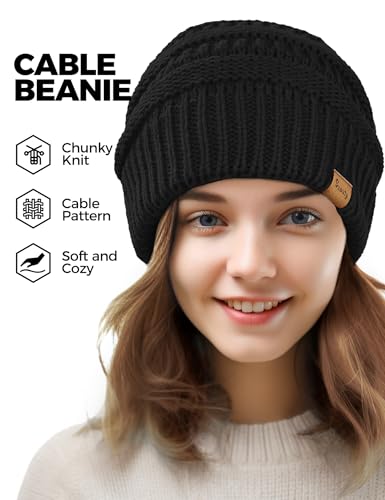 Chunky Cable Knit Slouchy Beanie for Women - Black