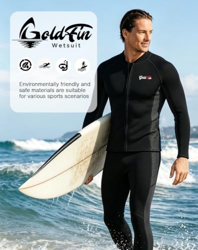 GoldFin Men's 2mm Neoprene Wetsuit Top Jacket Black X-Large Water Sports