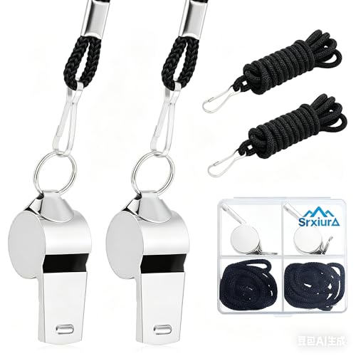 Stainless Steel Sports Whistles 2 Pack with Lanyard - Silver