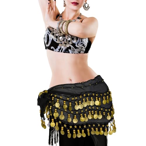 Belly Dance Hip Scarf Wrap with Coins - Black Chiffon