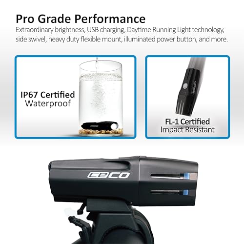 CECO 1000 Lumen Bike Front Light - Waterproof, Rechargeable, 5 Modes