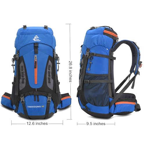 Bseash 60L Waterproof Hiking Camping Backpack with Rain Cover - Light Blue