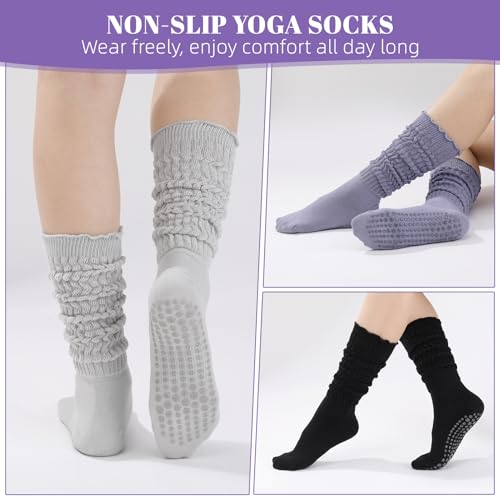 Anti-Slip Pilates Socks with Grips - Ruffle Yoga Crew Socks - Black White Gray Purple