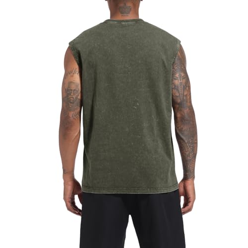 Mens Cotton Workout Tank Top - Acid Wash Sleeveless Tee, XX-Large A-army Green