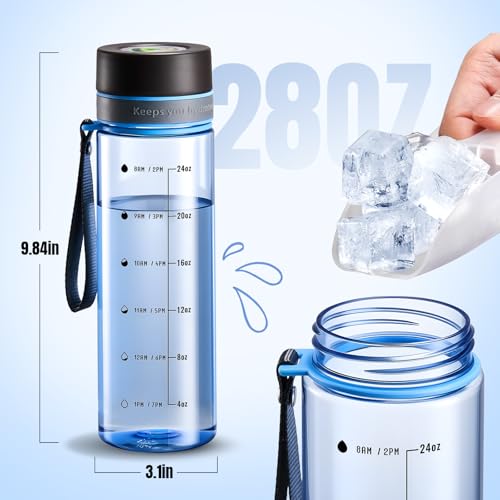 28 oz Clear Water Bottle with Measurements - Blue