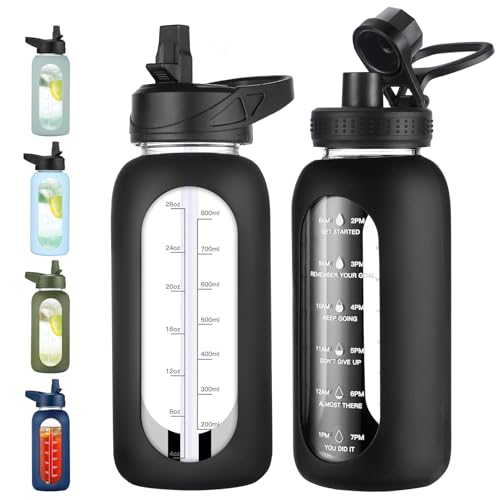 EALGRO 32 oz Glass Water Bottle with Straw (Black) – Large 2-Lid Hydration Jar
