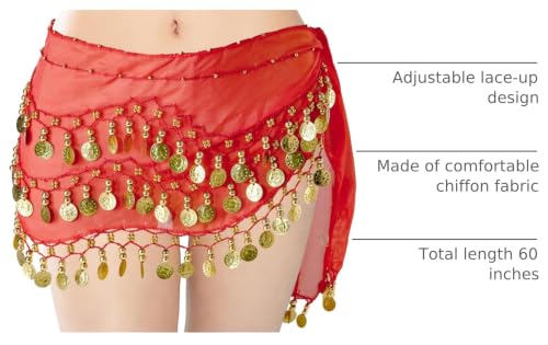 Belly Dance Hip Scarf with 128 Gold Coins - Red