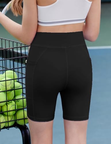 High Waisted Girls Bike Shorts with Pockets - Black, 11-12 Years