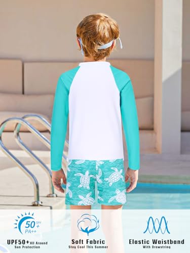 SunFocus Boys Long Sleeve Rash Guard Swimsuit Set 7-8 Years Green Turtle