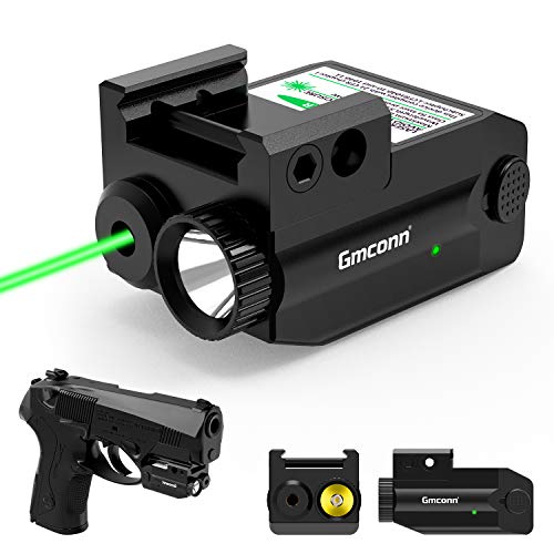 Gmconn Pistol Green Red Laser Light Combot, 350 lm Gun Flashlight with Strobe Mode Green Red Laser for Handgun,Compact Rail Mount Tactical Flashlight, USB Rechargeable Weapon for Pistols (Green Laser)