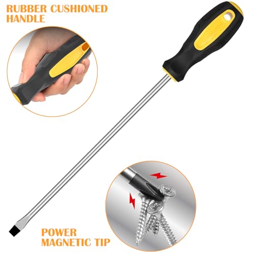 Long Magnetic Screwdriver Set, 2pcs 10in Extra Long Phillips Slotted Screwdriver, Heavy Duty, Rubber Handle, Magnetizer/Demagnetizer, Chrome Vanadium Steel