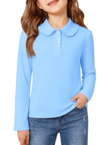Girls Sky Blue Long Sleeve Polo Shirt with Ruffle Peter Pan Collar - 7-8 Years