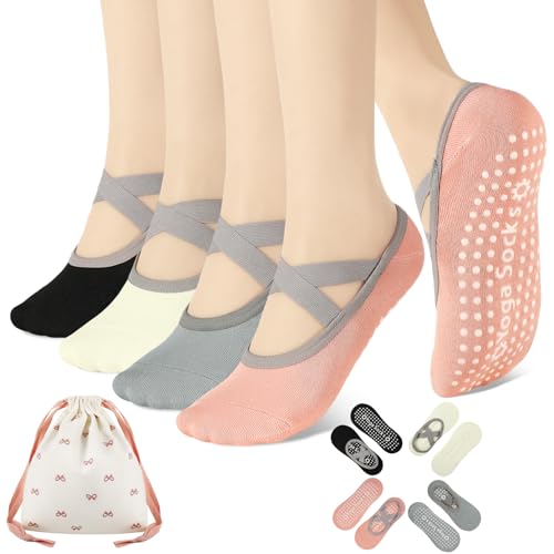 Pilates Grip Socks for Women - 4 Pairs with Cross Straps