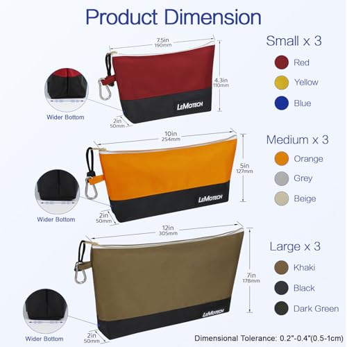 LeMotech Zipper Tool Bag with Carabiners, Water Resistant Stand-Up Utility Pouch Heavy Duty 1680D Oxford, Multipurpose Storage Pouch, 9 Pack