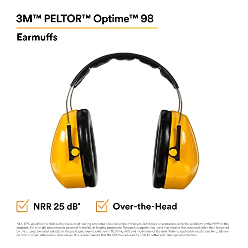 3M PELTOR Hearing Protection Optime 98 Earmuffs, Over-the-Head, H9A, 25 dB NRR, Adjustable Tilt Earcups, Stainless Steel Headband, E-A-Rfit Compatible, Pack of 1, Yellow