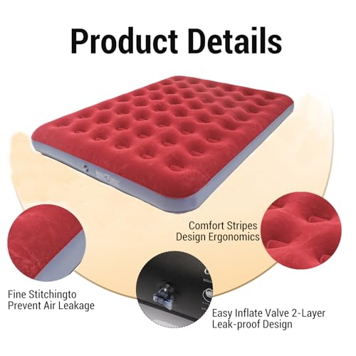 Onirii Queen Size Double Camping Air Mattress with Air Pump - Red Grey